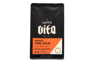 12oz bag of Organic Fiore Decaf front, no background. 