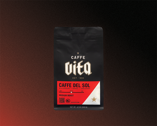 12oz bag of Caffe Del Sol, front, on red and black gradient background.